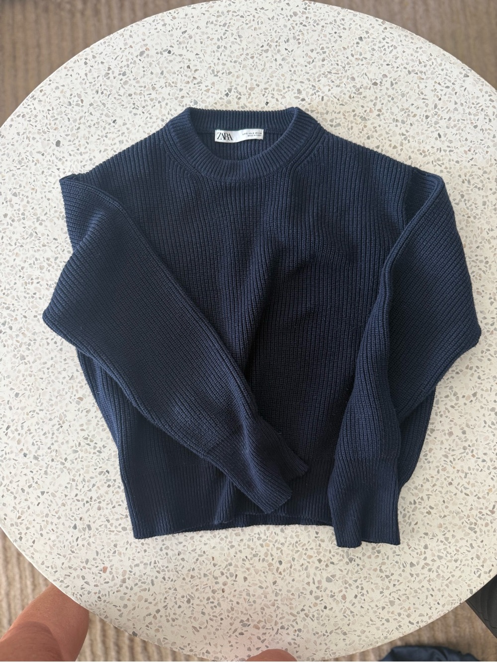 Zara Dark Navy Ribbed cotton Crewneck Sweater